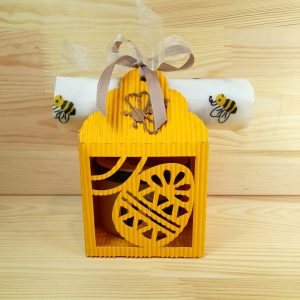 Bienenkarton mit Wachstuch weiss gelb